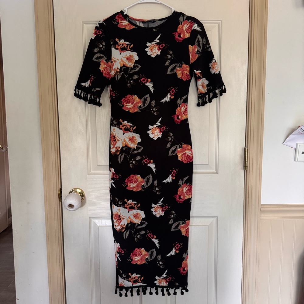 SHEIN Floral Print Split Back Tassel Trim Bodycon Dress size XS Midi